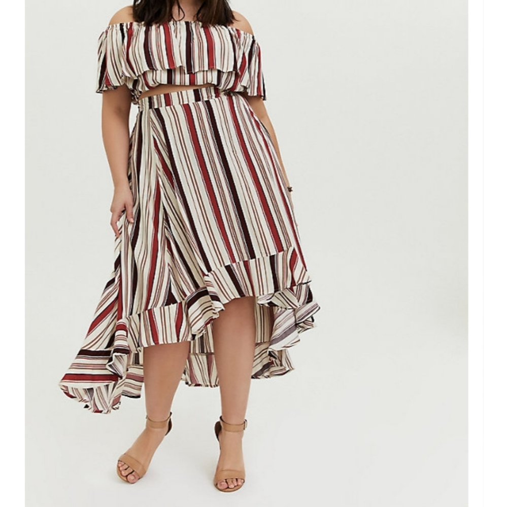MULTI STRIPE OFF SHOULDER CROP TOP & HI-LO SKIRT